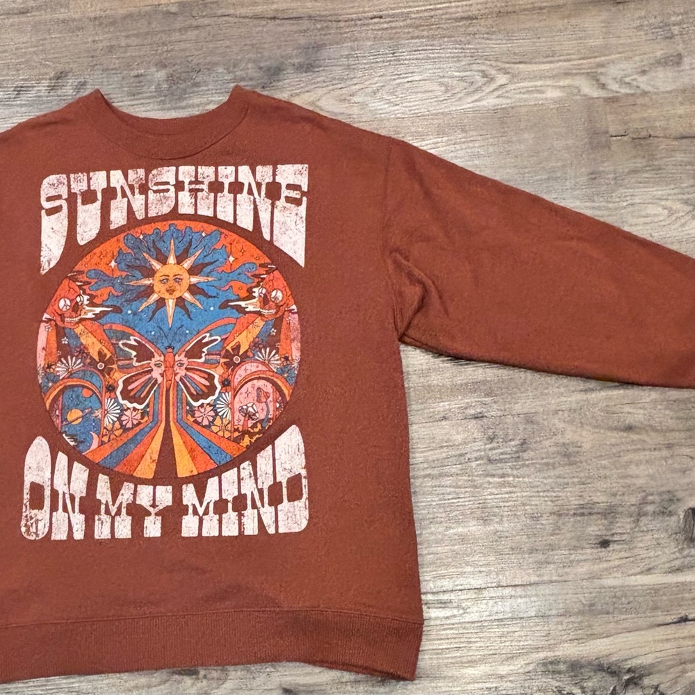 Hollister Sunshine On My Mind Sweatshirt XS BohoY2K Hippie Sun Retro Brown Indie - Picture 9 of 13